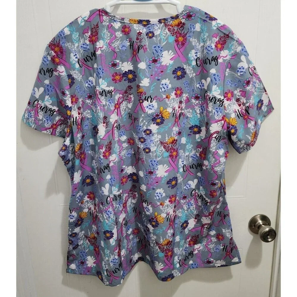 GT Performance Women's Short Sleeve V‎ Neck Scrub Top Breast Cancer Plus Size 2X